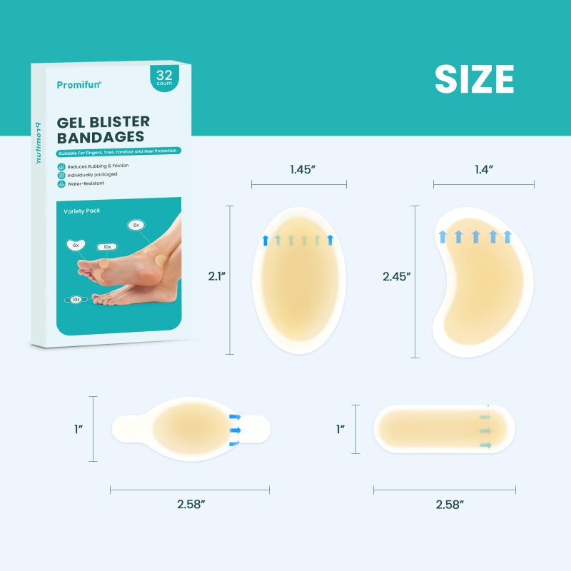 Promifun Hydrocolloid Gel Blister Bandages Pads - (Variety Pack) Promifun 32ct Waterproof Adhesive Blisters Bandages - Blister Pads for Heel  Foot  Toe  Feet - Gel Blister Chshions for Prevention & Recovery - Image 5